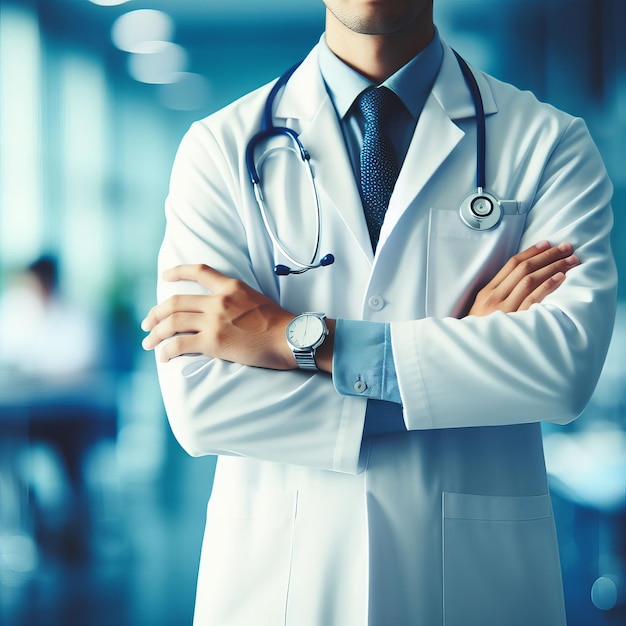 ein männlicher Arzt in einem weißen Mantel mit einem Stethoskop um den Hals steht mit gekreuzten Armen im Krankenhaus