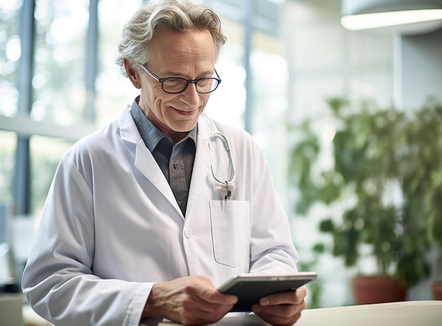 Ein männlicher Arzt, während er ein Tablet in der Hand hält