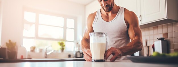 Foto ein männlicher athlet gießt proteinpulver in eine flasche, um eine mahlzeit nach einem workout zu ersetzen