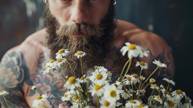 Ein männlicher bärtiger Mann hält zärtlich Mutterstagblumen
