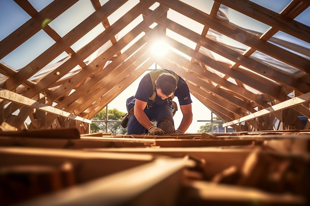 Ein männlicher Bauhandwerker arbeitet mit generativer KI an einer Holzdachkonstruktion