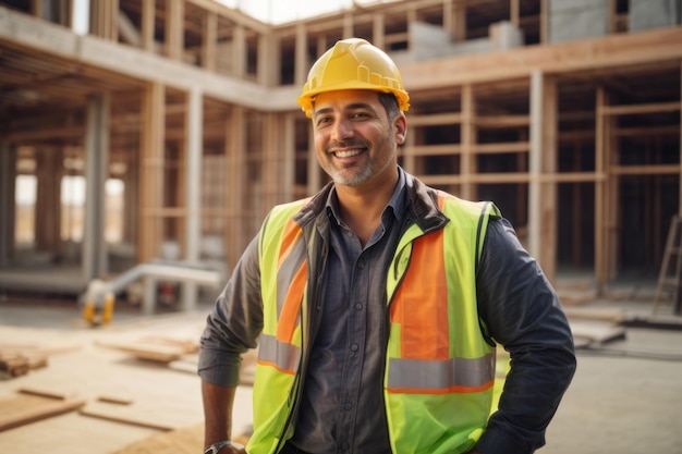 Foto ein männlicher baumeister überwacht die architektur auf einer baustelle.