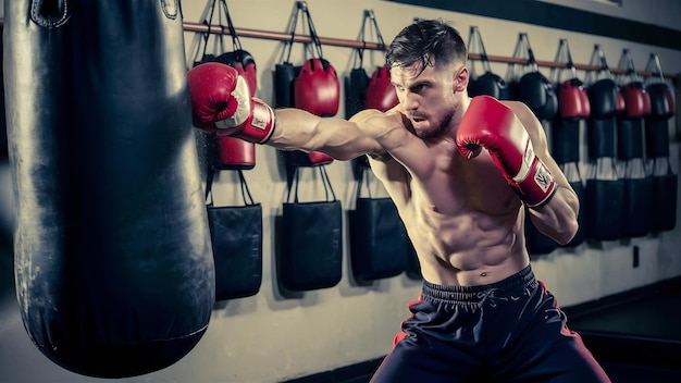 Ein männlicher Boxer boxt in einem Boxsack