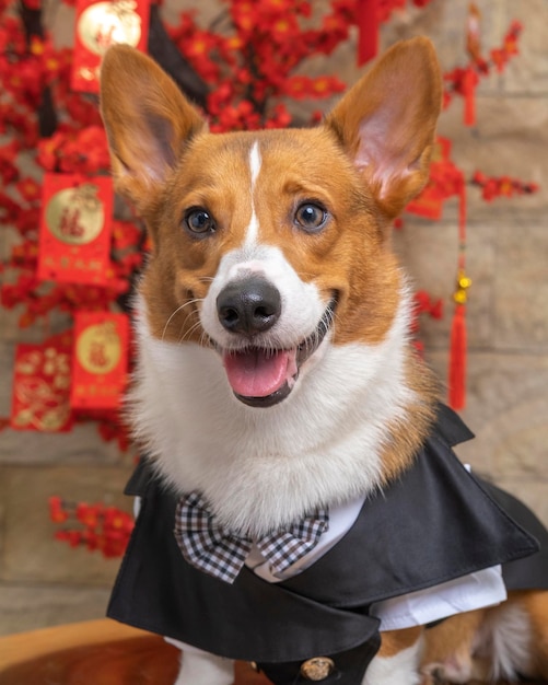 Ein männlicher Corgi Pembroke Welsh Fotoshooting Haustier Fotografie Studio isoliert mit blauem Hintergrund Weihnachtsthema Kleid und Dekoration