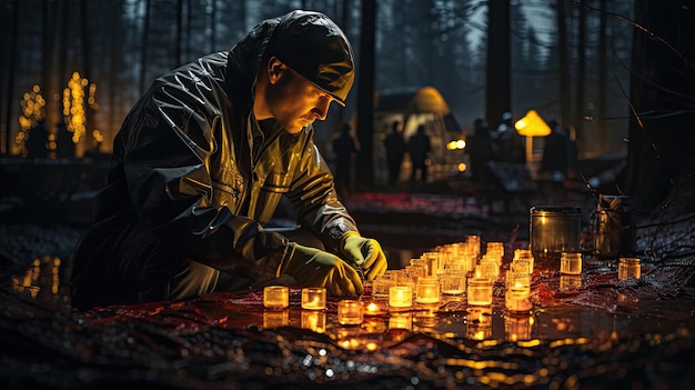 Ein männlicher Detektiv-Kriminologe sucht nach Beweisen im Wald. Nachts arbeitet die Polizei an der Suche nach Kriminellen.