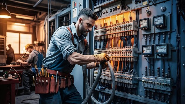 Ein männlicher Elektriker arbeitet an einem Schaltbrett mit einem elektrischen Verbindungskabel