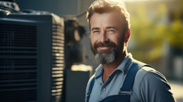 Ein männlicher Elektriker gibt einen Daumen nach oben. Der Reparaturmann für Klimaanlagen arbeitet von zu Hause aus