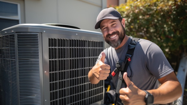 Ein männlicher Elektriker gibt einen Daumen nach oben. Der Reparaturmann für Klimaanlagen arbeitet von zu Hause aus