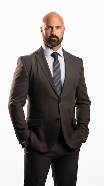 Ein männlicher Geschäftsmann mittleren Alters in einem Anzug, leichter Lächeln, Hände in den Taschen, der hoch steht vor einem einfachen weißen Hintergrund, Generative KI