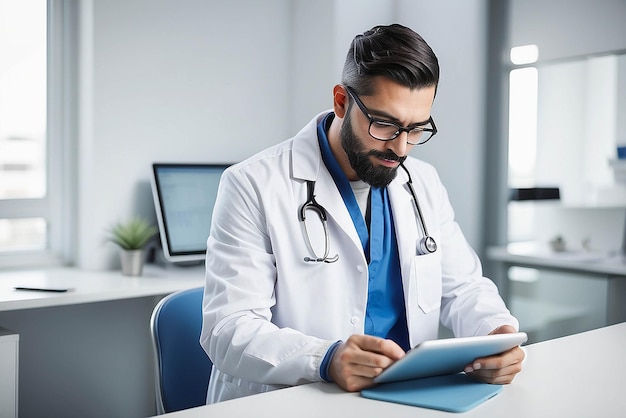 Ein männlicher Gesundheitsarbeiter benutzt ein digitales Tablet, während er sich auf einen Schreibtisch in einer Klinik lehnt