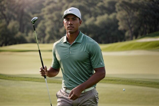 Foto ein männlicher golfer, der bereit ist, einen schuss zu nehmen, steht mit seinem schläger auf einem professionellen golfplatz