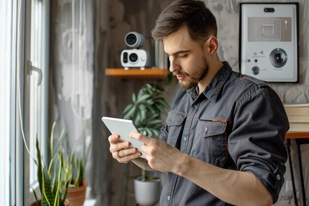 Ein männlicher Installateur installiert eine Überwachungskamera mit Bewegungssensor für Sicherheit und Privatsphäre