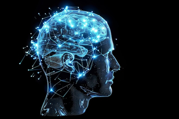 Ein männlicher Kopf mit einem strahlend leuchtenden Gehirn im Inneren, der Intelligenz und Kreativität symbolisiert