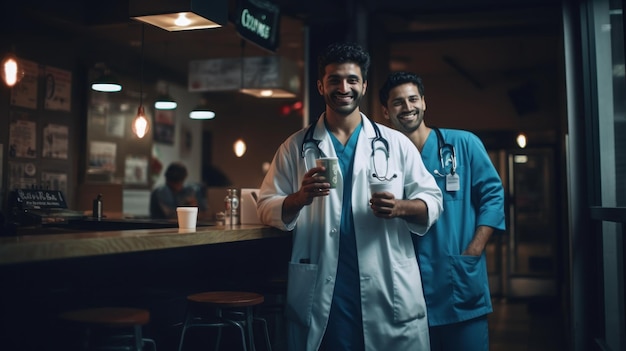 Ein männlicher Krankenschwester und sein Freund tranken Kaffee im Laden, bevor sie zur Arbeit gingen