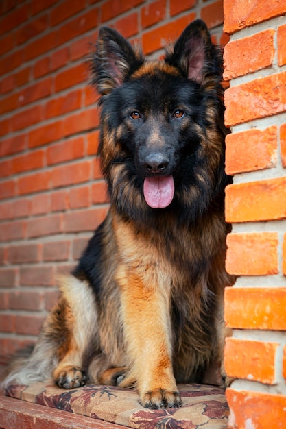 Ein männlicher langhaariger Deutscher Schäferhund auf der Veranda neben einer Ziegelmauer...