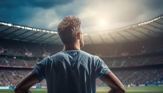 Ein männlicher Mannschaftsspieler im Stadion, der in die Ferne schaut