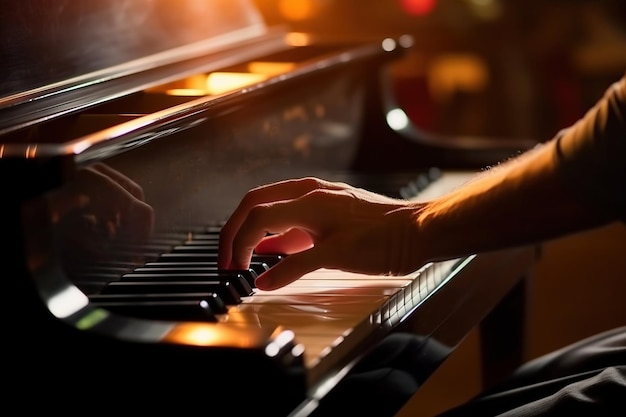 Ein männlicher Pianist in einem Smoking spielt ein Musikstück auf dem Klavier auf der Aufführungsbühne, die von KI generiert wurde