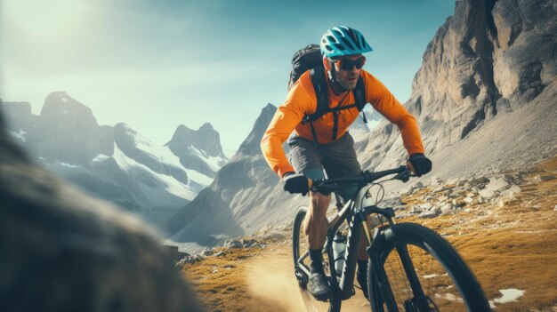 Ein männlicher Radfahrer, der in gebirgigem Gelände fährt Extremsport Radfahren