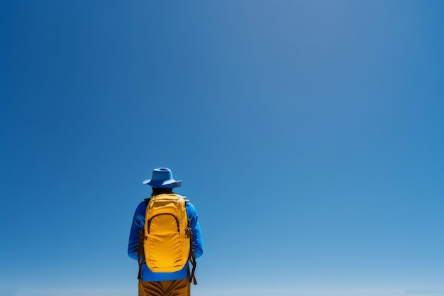 Ein männlicher Reisender mit einem leuchtend gelben Rucksack vor blauem Himmel Leerstelle für Text Das Konzept der Freiheit und Freizeitwerbung für Sommerferien KI-Generation