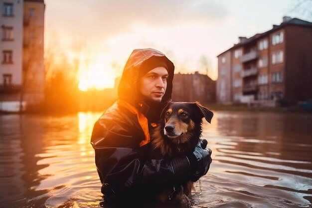 Ein männlicher Retter hilft einem verängstigten Hund bei der Evakuierung bei einer Überschwemmung, einer verheerenden Naturkatastrophe.