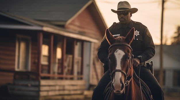 Ein männlicher Sheriff reitet auf einem Pferd auf einer Stadtstraße.