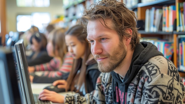 Ein männlicher Student konzentriert sich auf Computerforschung