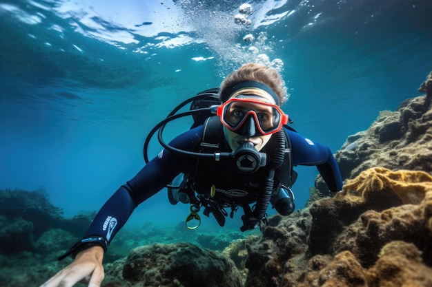 Ein männlicher Teenager taucht in Turtle Canyon Waikiki Oahu.