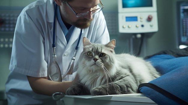 Ein männlicher Tierarzt führt einen Ultraschall bei einer Katze in der Klinik durch.