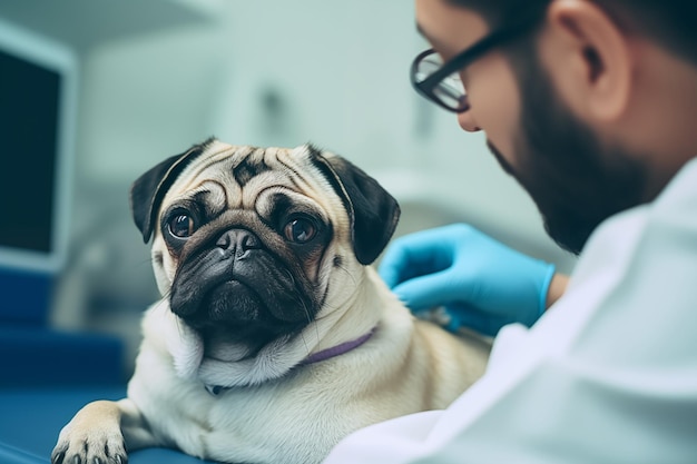Ein männlicher Tierarzt mit medizinischen Handschuhen versorgt einen niedlichen, lustigen Mopswelpen. Veterinärklinik, die sich mit der Gesundheit von Haustieren befasst.