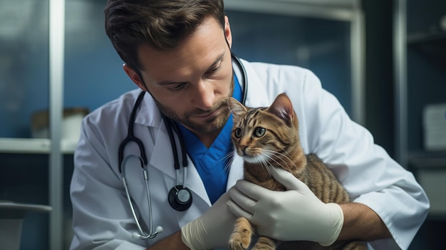 Ein männlicher Tierarzt untersucht eine Katze in seinem Büro. Erstellt mit generativer KI-Technologie