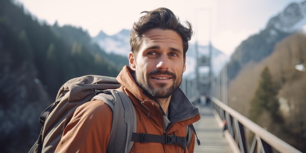 Ein männlicher Tourist steht auf einer Bergbrücke in den Alpen Generative KI