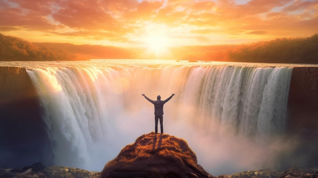 Ein männlicher Tourist steht mit erhobenen Händen an den Niagarafällen