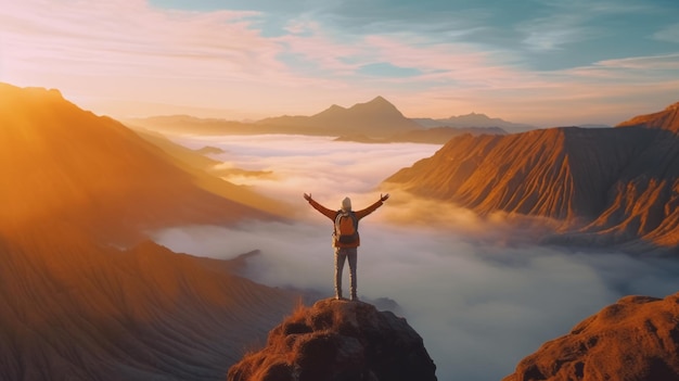 Ein männlicher Tourist steht mit erhobenen Händen auf einem Bergbromo-Vulkan