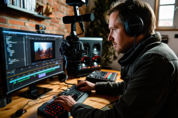 Ein männlicher Videograf bearbeitet Aufnahmen und Ton in einem modernen Loft-Studio