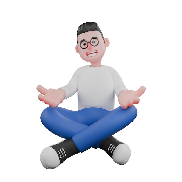 Ein männlicher Videoredakteur sitzt mit gekreuzten Beinen und den Händen auf den Knien mit meditativem Ausdruck