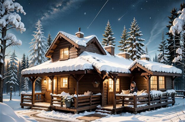 Ein märchenhaftes Haus im Wald inmitten der schneebedeckten Tannen Weihnachtslandschaft Winternatur