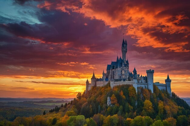 Foto ein märchenhaftes schloss gegen den farbenfrohen sonnenuntergang