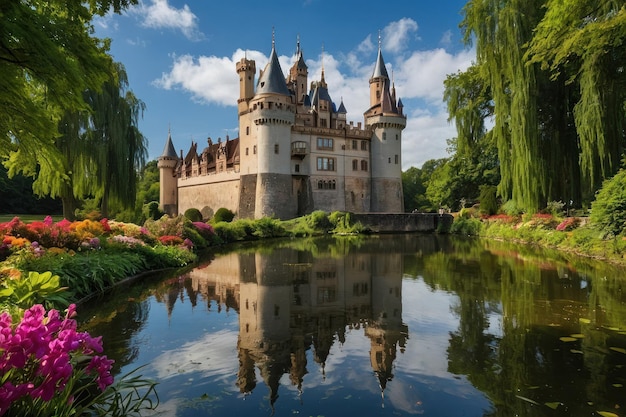 Foto ein märchenhaftes schloss spiegelt sich auf einem ruhigen see wider