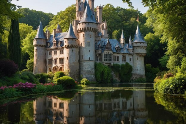 Foto ein märchenhaftes schloss spiegelt sich auf einem ruhigen see wider