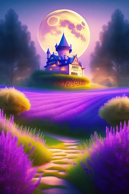 Ein märchenhaftes Schloss, umgeben von Lavendelfeldern, Schmetterlingen, Blumen, Sommernacht, großem Mond.