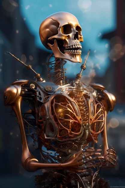 Ein märchenhaftes Steampunk-Roboterskelett taucht aus dem dampfenden Herz und den Lungen aus flüssigem Kupfer in seiner Brust auf, während er durch die Steampunk-Stadt läuft und KI erzeugt