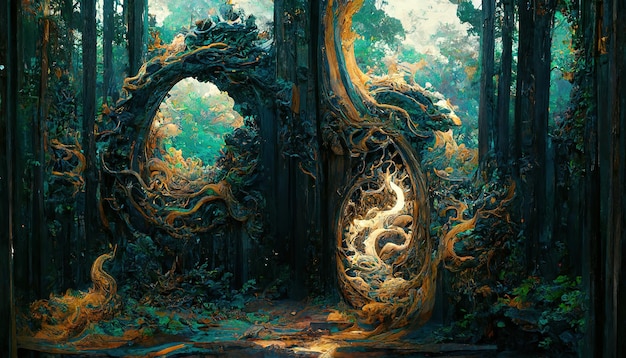 Ein magischer fantastischer dichter grüner Wald Ein blaues Portal ist zwischen den Bäumen sichtbar Fabelhafte Illustration 3D-Darstellung