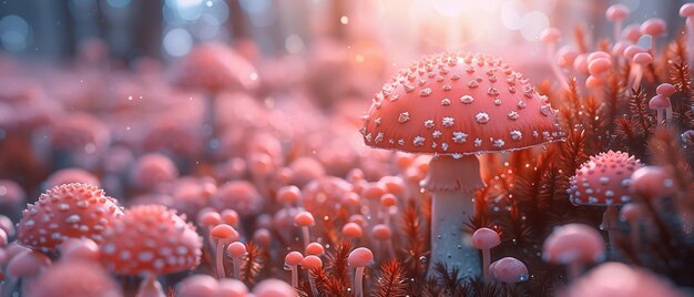 Ein magischer versteckter Elfenwald in einem verzauberten Märchen magischer Pilzfeld blüht rosa Rosenblumen in einem mysteriösen Hintergrund und elfische magische Wälder an einem hellen sonnigen Morgen