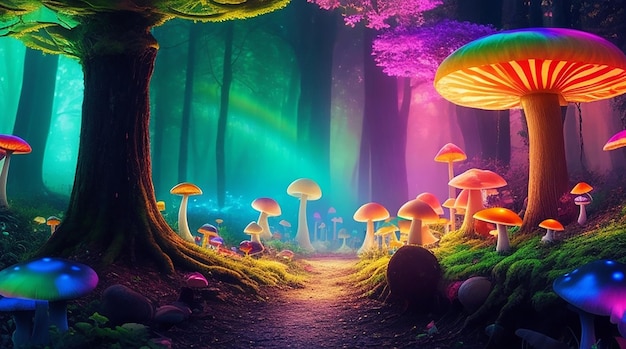 Ein magischer Wald mit leuchtenden Pilzen und einem Regenbogen aus Farben