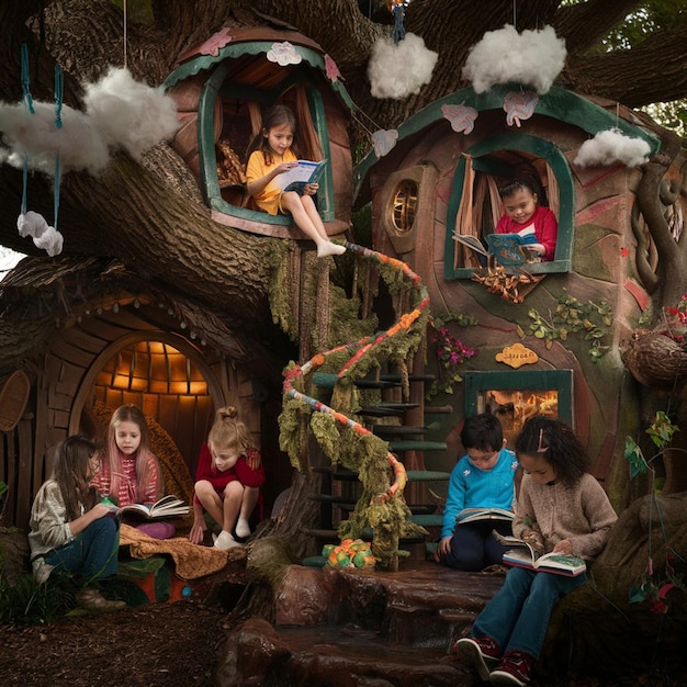 Foto ein magisches baumhaus mit kindern, die bücher lesen
