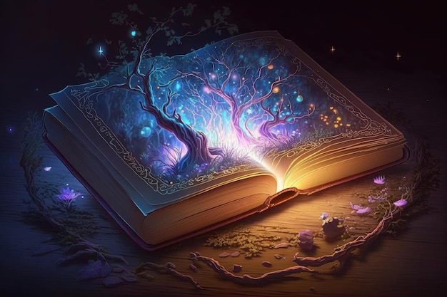 Ein magisches Buch mit einer leuchtenden Aura, die die Umgebung erhellt