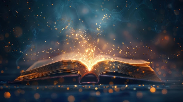 Ein magisches offenes Buch mit glühenden Seiten und Funkeln gegen einen Fantasie-Hintergrund
