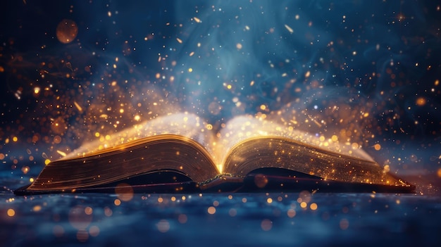 Ein magisches offenes Buch mit glühenden Seiten und Funkeln gegen einen Fantasie-Hintergrund
