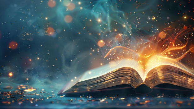 Ein magisches offenes Buch mit glühenden Seiten und Funkeln gegen einen Fantasie-Hintergrund