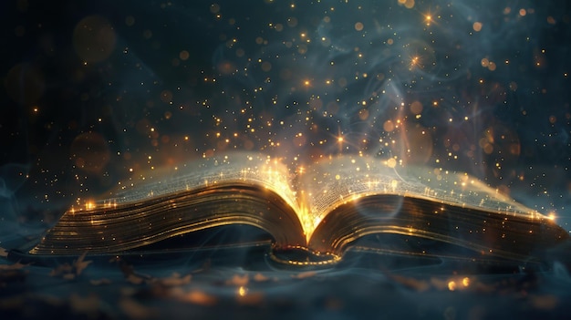 Ein magisches offenes Buch mit glühenden Seiten und Funkeln gegen einen Fantasie-Hintergrund